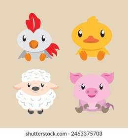 Cute illustrations of chickens, ducks, sheep, and pig farm animal