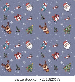 Cute illustrations of Christmas patterns, with Santa characters, reindeer wearing Christmas bells and hats and cool Christmas trees for wrapping paper, etc.