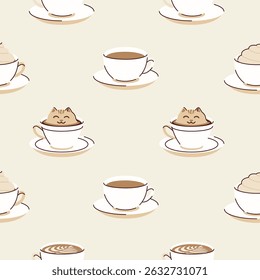 Cute illustrations of coffee cups in a pastel colors, seamless pattern, flat style