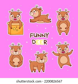 Cute illustrations with deer stickers. Set of vector wild animals. Cartoon animals for print, books, children development.