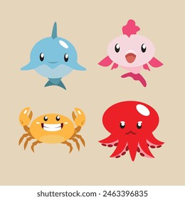 Süße Illustrationen von Delphinen, Fischen, Krebsen und Tintenfisch Meerestieren