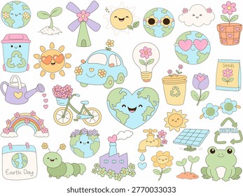 Cute illustrations of Earth Day elements, including plants, recycling, and nature symbols