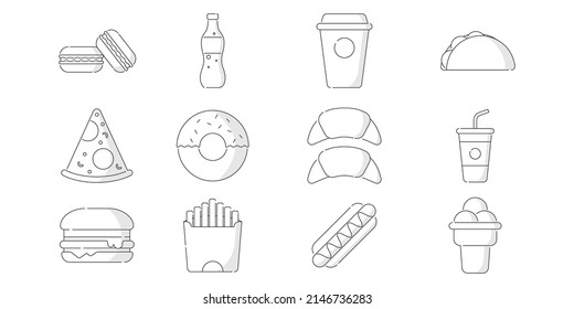 Cute illustrations fast food set. fast food and junk food icon collection. Isolated vector illustration. Hand-drawn illustration design, vibrant colors Linear icon, line art