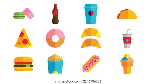 Cute illustrations fast food set. fast food and junk food icon collection. Isolated vector illustration. Hand-drawn illustration design, vibrant colors