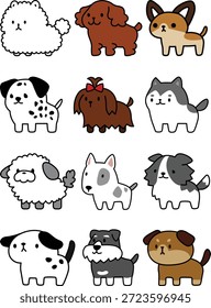 Ilustraciones lindas que presentan razas de perros populares y adorables como caniches, chihuahuas, dálmatas, Yorkshire Terriers y Schnauzers.