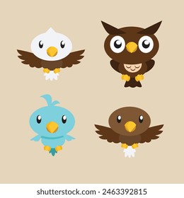Cute illustrations of Flying Animals Eagles, Owls, Blue Birds and Garuda