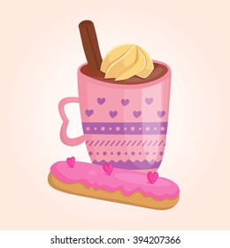 Cute illustrations French desserts. Eclair and coffee with cream and cinnamon. Vector illustration. Dessert for design kids menu, restaurant menus, cafe menu. Vector card 