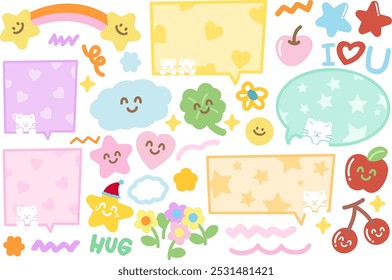 Cute illustrations of heart, star, clover leaf, cherry, apple, flowers, text bubbles, cloud, cat, rainbow for cartoon, character, animal, card print, sticker set, floral, summer, chatting, dialogue