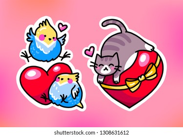 Cute illustrations with hearts. Cat lying on a pillow in the shape of a heart. Cat in love sticker. Budgerigar sticker. Parrots in love. Happy Valentine's Day!