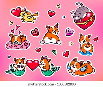 Cute illustrations with hearts. Corgi mermaid. Set of different badges. Fashion patches, stickers, pins and signs. Happy Valentine's Day!