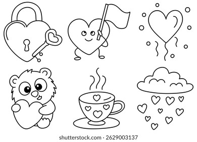 A Cute illustrations of hearts, lock, flag, bear, cup, and rain, perfect for social media icons and designs