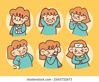 Cute Illustrations of Kids Expressing Illness Sick Symptoms with Hand-Drawn Cartoon Style for Health and Learning Projects