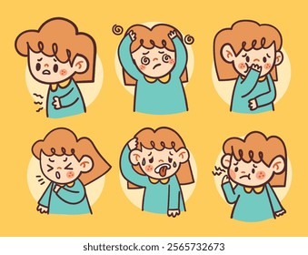 Cute Illustrations of Kids Expressing Illness Sick Symptoms with Hand-Drawn Cartoon Style for Health and Learning Projects