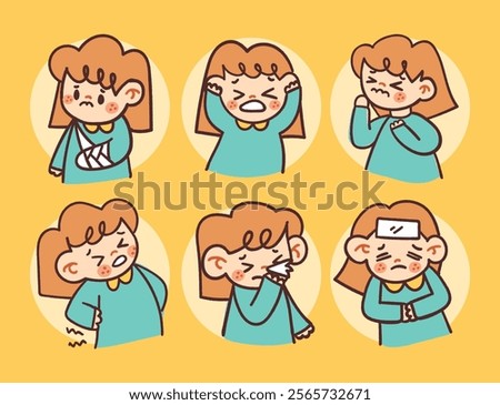 Cute Illustrations of Kids Expressing Illness Sick Symptoms with Hand-Drawn Cartoon Style for Health and Learning Projects
