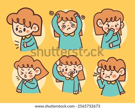 Cute Illustrations of Kids Expressing Illness Sick Symptoms with Hand-Drawn Cartoon Style for Health and Learning Projects