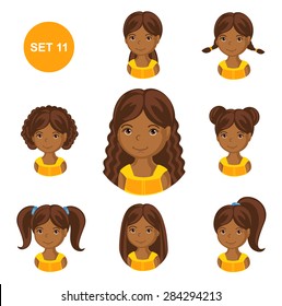 Cute illustrations of little girls with various hair style. Set of children's faces.