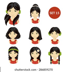 Cute illustrations of little girls with various hair style. Set of children's faces. 