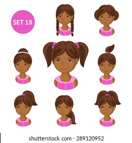 Cute illustrations of little girls with various hair style. Set of children's faces.