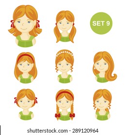 Cute illustrations of little girls with various hair style. Set of children's faces.