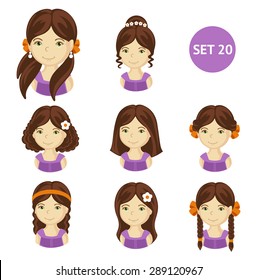 Cute illustrations of little girls with various hair style. Set of children's faces.