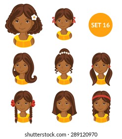 Cute illustrations of little girls with various hair style. Set of children's faces.