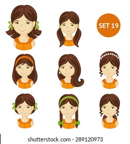 Cute illustrations of little girls with various hair style. Set of children's faces.