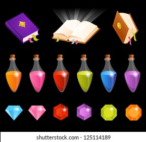 cute illustrations with magic theme - transparency of flasks with potion and glow above the open book is suitable for dark background