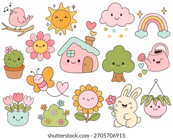 Cute illustrations of nature elements, including flowers, animals, and sunny landscape