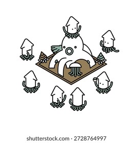 Cute illustrations of octopus and squid characters.