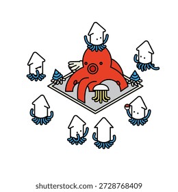 Cute illustrations of octopus and squid characters.