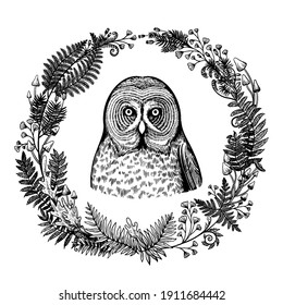 Cute illustrations with owl head and fern wreath. Hand drawing in ink engraving style.