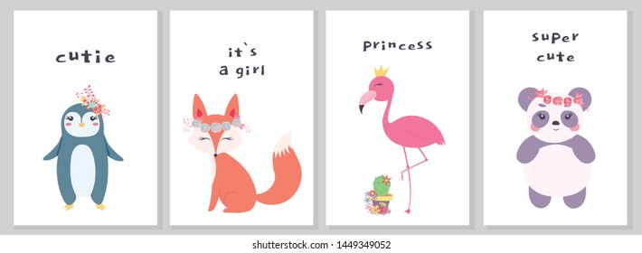 Cute illustrations panda, fox, penguin, flamingo for nursery design, poster, greeting, birthday card, baby shower design and party decor phrase it`s a girl, cutie, princess