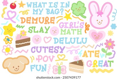 Cute illustrations of pink bunny, puppy, clover leaf, cake, butterfly, cherry, star, heart, flowers for sweet dessert, cafe, cute patches, brooch, font, girl's power text, animal, pet shop, vet, logo