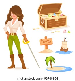 cute illustrations with pirate theme for kids - a piratess, treasure chest, wooden sign, ship and palm island