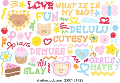 Cute illustrations of puppy, cat, teddy bear, birthday cake, cupcake, cherry, flower, heart, star, butterfly, text message for decoration, cute patches, animals, pet shop, vet, brooch, font, badges