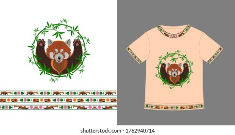 Cute illustrations of red pandas with ornaments in Tibetan and Chinese style. Clothing decor, packaging, postcards, typography, printing.