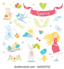 Cute illustration's set with Spring and Easter elements in vector for greeting cards, scrapbook, wrapping, notebooks and different kinds of childish accessories.