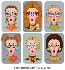 cute illustrations of six beautiful  girls with various hair style