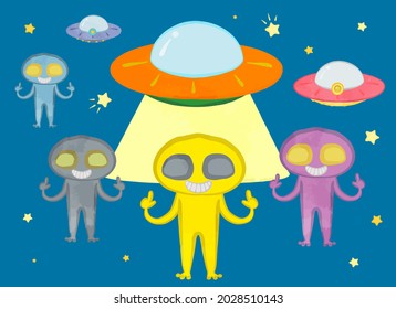 Cute illustrations of spaceships and aliens