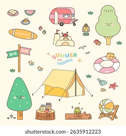 Cute illustrations of summer activities. Camping in the woods, surfing on the beach, building sand castles, picnicking in the park