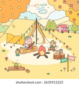 Cute illustrations of summer activities. Camping in the woods, surfing on the beach, building sand castles, picnicking in the park