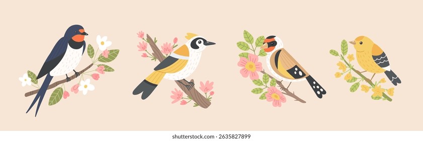 Cute illustrations of swallow, goldfinch, canary. Vector set of cartoon birds on branches with flowers on beige background. Spring blooming trees. Template for greeting cards