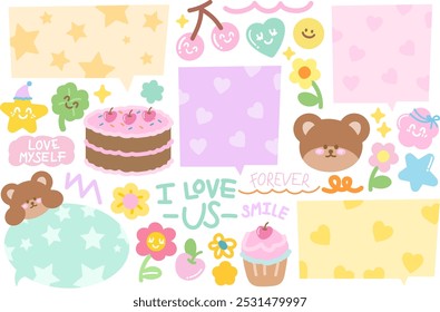 Ilustraciones lindas del oso de peluche, pastel de cumpleaños, cupcake, burbujas de texto, cereza, corazón, flor, hoja de trébol para la historieta, carácter, animal, impresión de la tarjeta, zoo, tienda de recuerdos, sistema de la etiqueta engomada, floral, verano