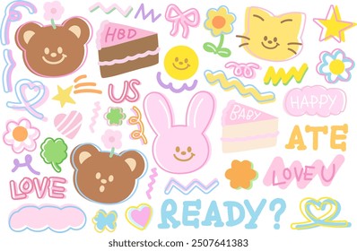 Cute illustrations of teddy bear, bunny, cat, birthday cake, flower for sweet dessert, cute patches, brooch, card print, animal, pet shop, vet, cartoon character, mascot, sticker set, spring, summer