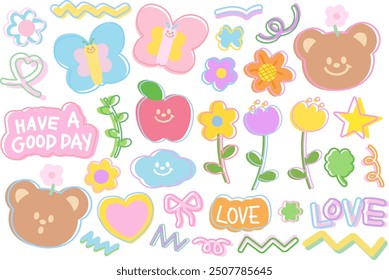 Cute illustrations of teddy bear, butterfly, apple, flowers, clover leaf, pink ribbon, heart for animal, zoo, souvenir shop, spring time, summer break, picnic, pastel sticker set, patches, plush toy