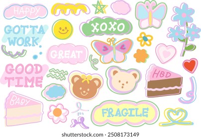 Nette Illustrationen von Teddybär, Schmetterling, Geburtstagskuchen, Blumen, Herz für süßen Nachtisch, Tier, Zoo, Souvenirladen, Frühlingszeit, Sommerpause, Picknick, Pastellsticker-Set, Blumendruck, Café, Anzeigen