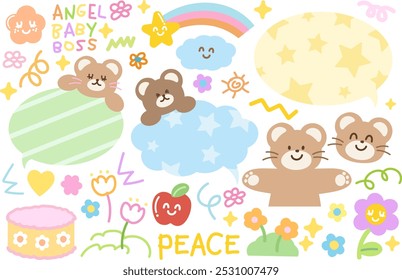 Ilustraciones lindas del oso de peluche, torta, burbujas de texto, flores, letras del jefe del bebé del ángel, manzana, arco iris para la historieta, impresión animal, zoológico, tienda del recuerdo, postre dulce, floral, Elementos de la flor, etiqueta engomada