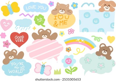 Cute illustrations of teddy bear, cat, butterfly, puppy, rainbow, flowers, heart, good vibe text, stars, cloud, rain for cartoon, text bubbles, comic, dialogue, blossom elements, floral print, sticker