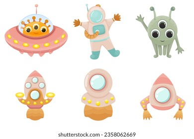 Cute illustrations theme space  rockets   astronaut   aliens spaceship , cartoon style , vector 