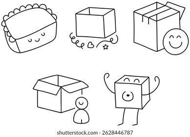 A Cute illustrations of various boxes and characters expressing joy. organizational chart is represented through playful designs